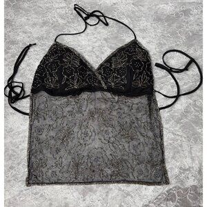 Vintage Y2k Lipstick Beaded Shear Front/Backless Halter Top (L)